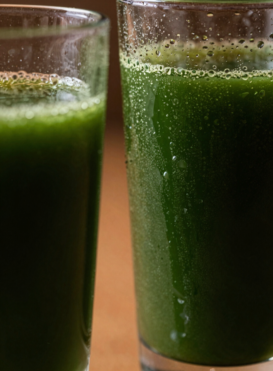 Macro close-up of condensation on elegant glassware filled with deep green cold-pressed juice, dramatic side daylight, deep shadows, rich forest green tones.