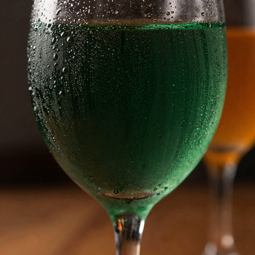 Macro close-up of condensation on elegant glassware, dramatic side daylight, rich deep greens, warm orange tones, shallow depth of field