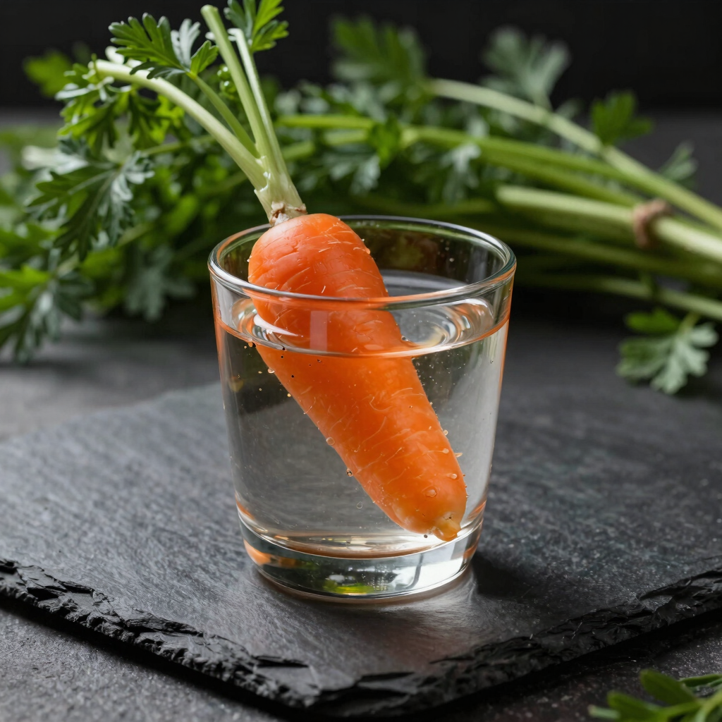 A single hand-blown glass containing a vibrant orange carrot-ginger botanical pairing, placed on a dark slate surface, dramatic side daylight.