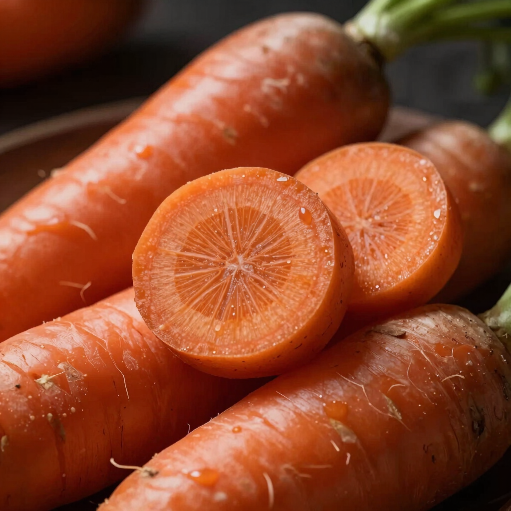 Macro close-up of heirloom carrots and raw ginger root sliced to show internal geometric patterns, low-key lighting, deep shadows, terracotta tones